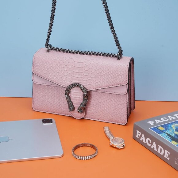 ⚡ Women's Light Pink Snake Vegan Leather Print Casual Satchel Crossbody Handbag - Picture 1 of 7